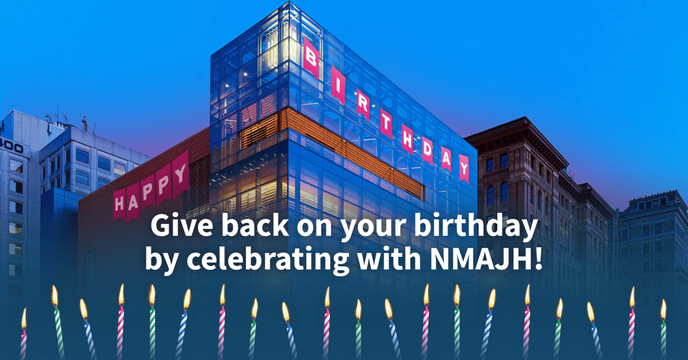 NMAJH Building with Happy Birthday banner and candles